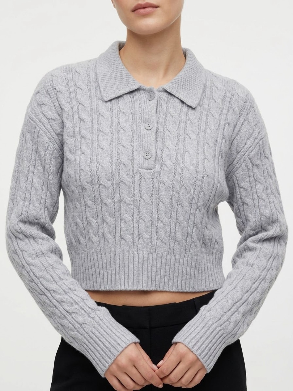 Aritzia Sunday Best Rosebud Polo Sweater S Gray Wool Cable Knit Cropped